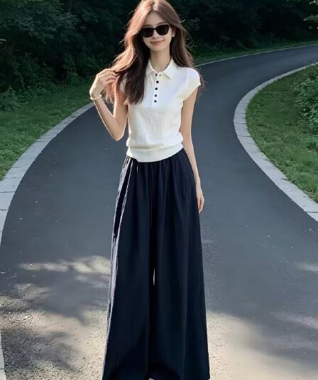 한 부서 그레이트 통해보기 가져 가라. 전체 집합 2026 새로운 화이트 polo 반팔 티셔츠 여성 여름 와이드 레그 팬츠 세트