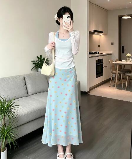 2026 녹색 꽃무늬 반신 스커트 여성 여름 작은 어린이 길이 치마 도파민 한 부서 작은 세트 여름