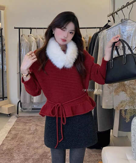 부드러운 모피 칼라 프릴 스트랩 스웨터 여자 가을 겨울 슈퍼 잘 생긴 느긋한 루즈핏 슬림해 보이는 니트 스웨터 재킷 맨위
