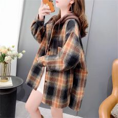 批发首发后包领抖音质量加厚连帽<b class='q'>格子</b><b class='q'>衬衫女</b>秋季中长款外套上衣