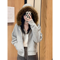 批发浅灰色大毛领拉链设计感外套秋冬重磅加绒<b class='q'>短</b>款修身开衫连帽卫衣女