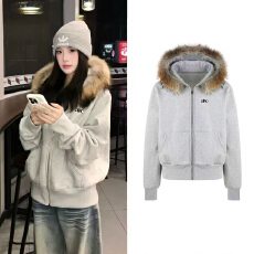 批发新款秋冬毛领加绒拉链外套女爆款韩版设计感时尚百搭开衫连帽卫衣