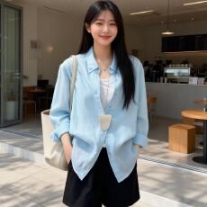 批发实拍韩版高级感宽松显瘦<b class='q'>亚麻</b>蓝色衬衫女夏季薄款休闲长袖<b class='q'>外套</b>上衣