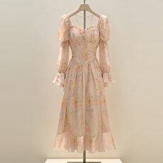 批发新款春夏温暖2026长款方领泡泡袖碎花长袖雪纺<b class='q'>连衣裙</b>女夏法式裙子