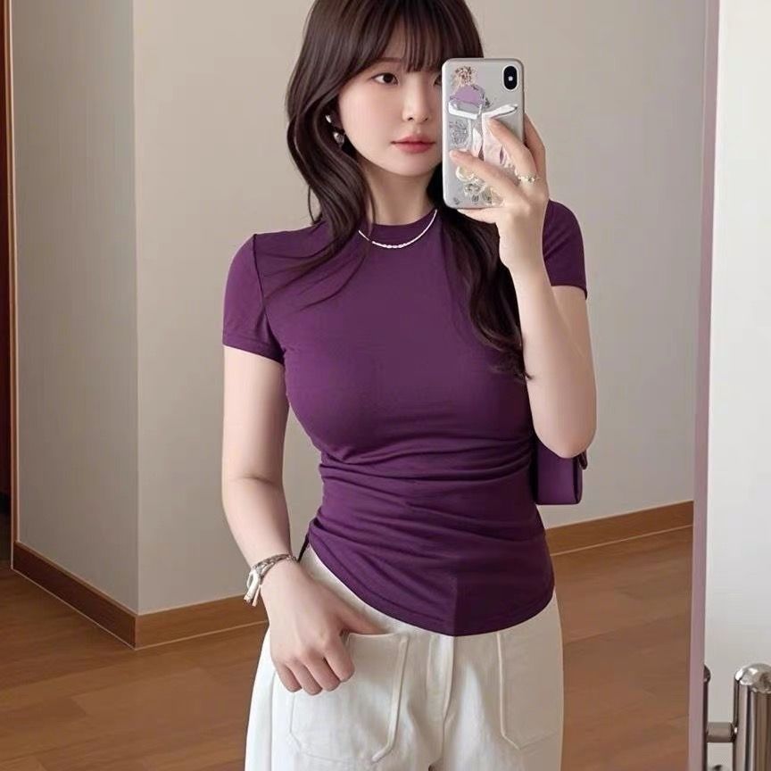 한 부서 라운드 넥 허리 수축 더블 측면 펌프 Pleat 반팔 티셔츠 ins 여성 여름 새로운 디자인 센스 쇼트 스타일 작은 맨위