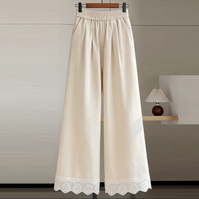 RY354# 实拍韩版蕾丝花边阔腿裤女夏季高腰垂感直筒宽松休闲小个九分裤子