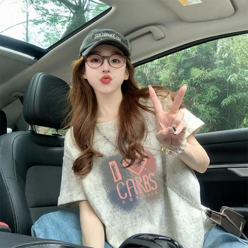 RY352# 后包领宽松扎染T恤女夏季新款泼墨减龄显瘦百搭上衣潮