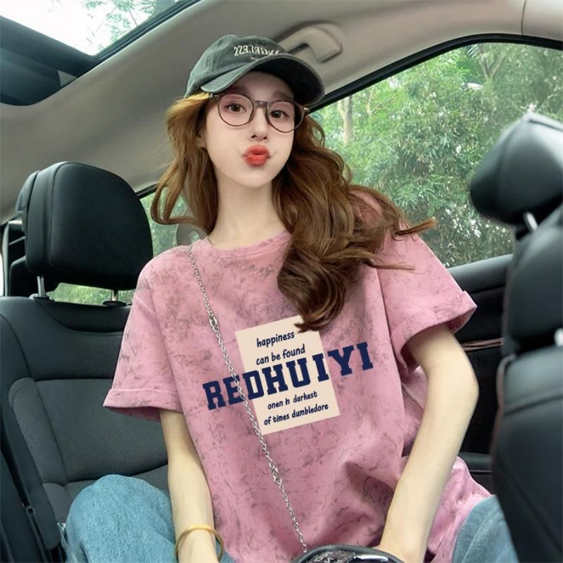 RY350# 后包领泼墨设计短袖t恤女美式复古印花宽松显瘦上衣潮