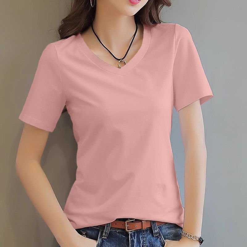RY348# 韩版 纯棉正肩短袖t恤女夏季新款v领打底衫内搭时尚上衣