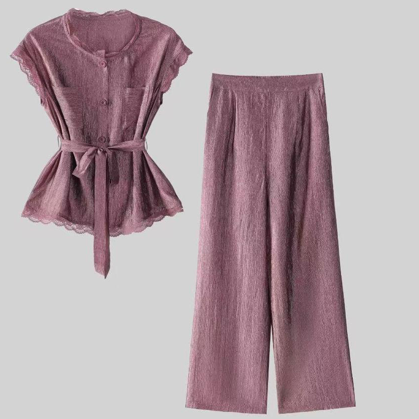 RY353# 时尚套装夏季新款上衣气质蕾丝拼接阔腿裤洋气显瘦两件套