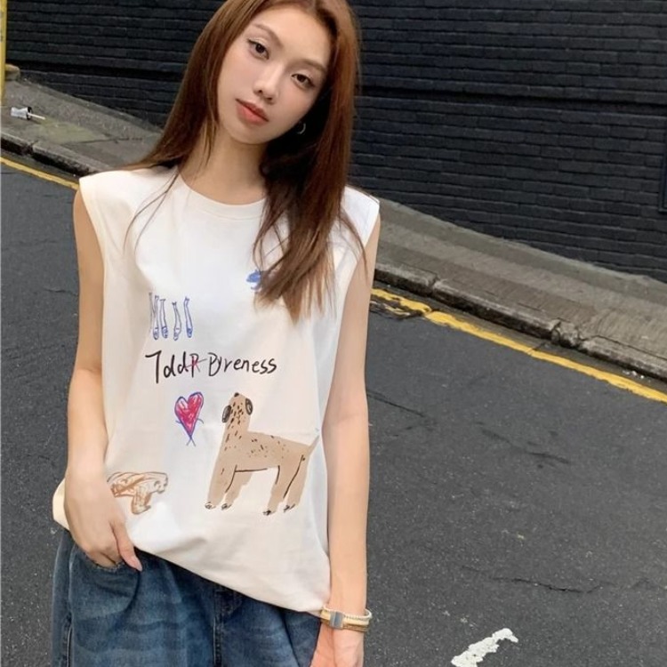 낙서 프린트 캐미솔 여름 만나는 루즈핏 민소매 맨위 여성 디자인 센스 작은 대중 조끼 티셔츠