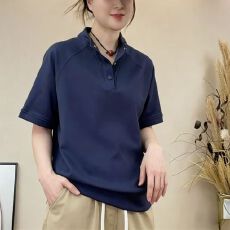 批发纯棉休闲百搭夏季时尚短袖宽松简约三粒扣立领短袖T恤<b class='q'>卫衣</b>女