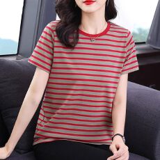 批发纯棉条纹短袖t恤女夏装2024新款韩版百搭宽松休闲圆领<b class='q'>体恤衫</b>上衣