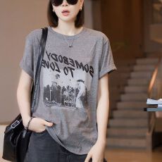 批发罗娜面料后包领 新款胖mm美式<b class='q'>T</b><b class='q'>恤</b>女宽松显瘦印花<b class='q'>短袖</b>上衣