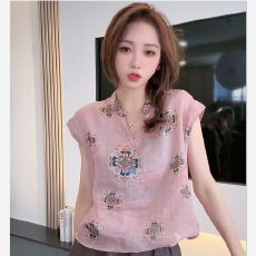 批发韩版新中式气质国风碎花上衣<b class='q'>女装</b>夏季新款粉色减龄独特超好看小衫