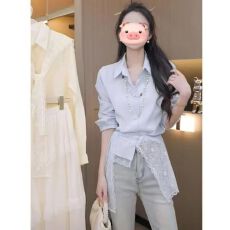 批发纯欲风POLO领单排扣长袖衬衫<b class='q'>女</b>早春<b class='q'>新款</b>修身显瘦上衣外搭蕾丝披肩