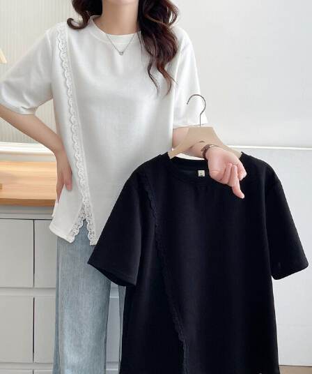 순면 한국 스타일 빅 사이즈 여름 새로운 레이스 레이스 트임 디자인 반팔 티셔츠 맨위