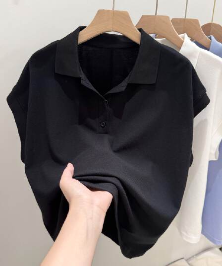 실사 POLO 칼라 반팔 티셔츠 여성 여름 루즈핏 한국 스타일 작은 키 쇼트 스타일 긍정적 인 어깨 폴로 칼라 삽입 어깨 소매 맨위