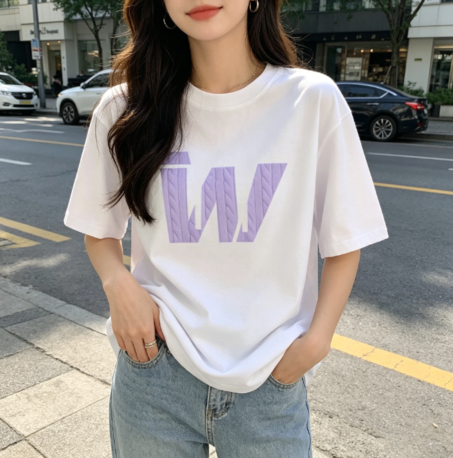 실사 한 부서 순면 빅 사이즈 한국 스타일 루즈핏 캐주얼 프린트 티셔츠 여름 새로운 다용도 가을 어깨 반팔 여성