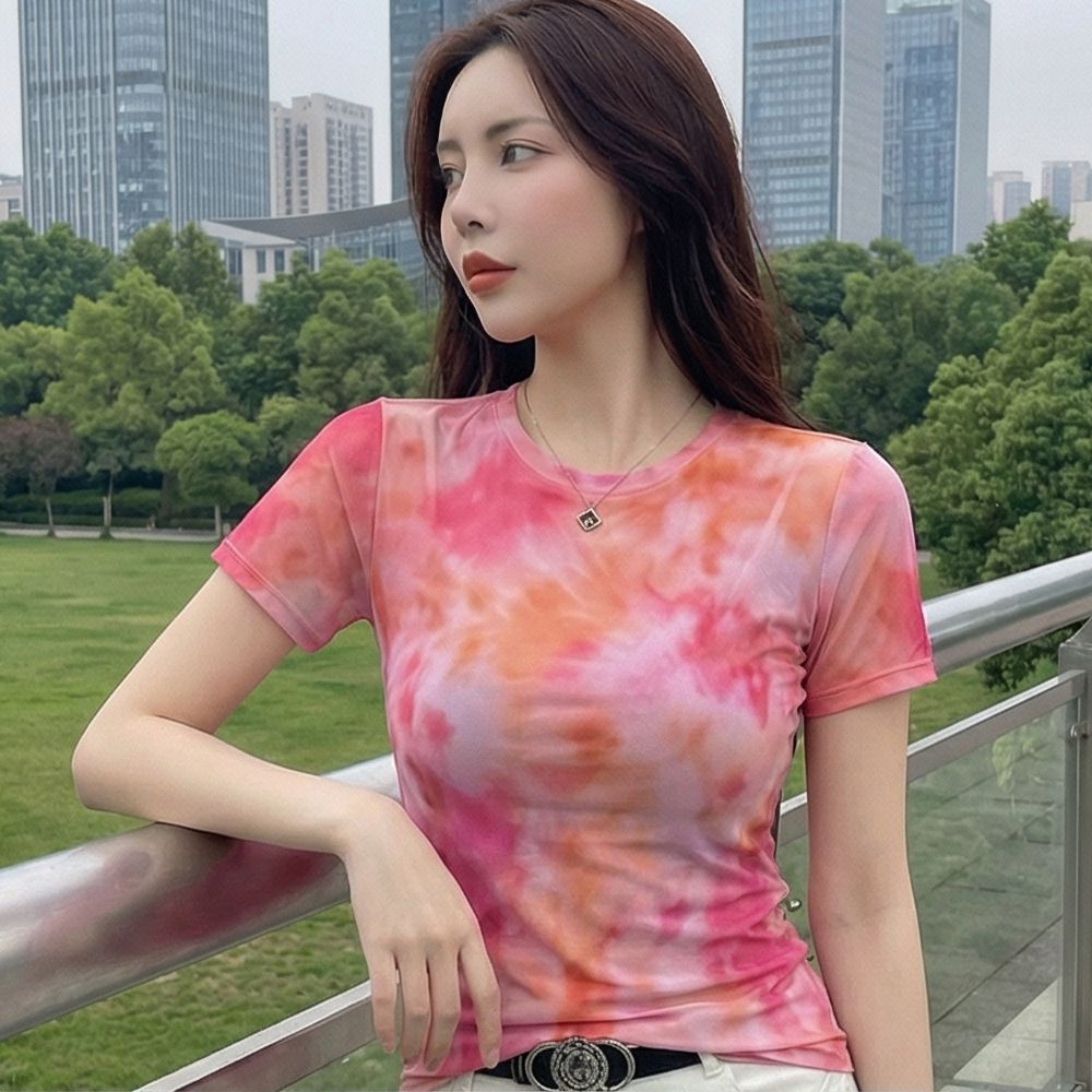 자외선 차단 이중층 망사 외국 가스 망사 반팔 티셔츠 새로운 품격 프린트 슬림해 보이는 라운드 넥 다용도 맨위 몸매 가꾸기