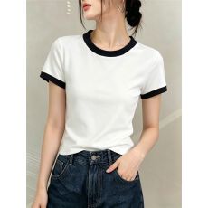 批发韩系撞色白色正肩短袖<b class='q'>t</b><b class='q'>恤</b>女夏新款修身显瘦设计感短款纯色上衣<b class='q'>T</b><b class='q'>恤</b>