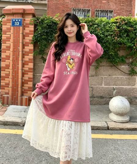 한 부서 느긋한 바람 만화 알파벳 의류 드레스 패치워크 화이트 레이스 드레스 루즈핏 슬림해 보이는 부드러운 요정 치마
