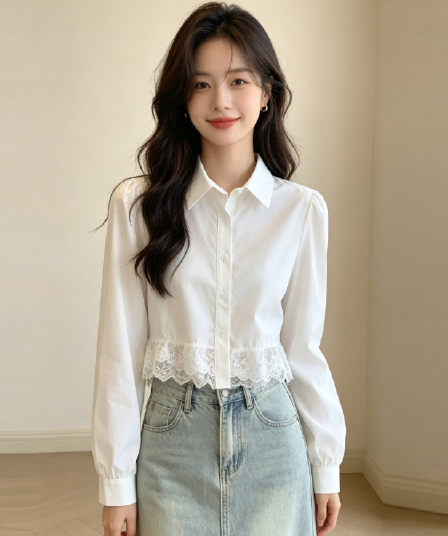 프랑스식 달콤함 화이트 레이스 조각 여성 셔츠 가을 새로운 디자인 센스 작은 대중 외국 가스 연령 감소 쇼트 스타일 맨위