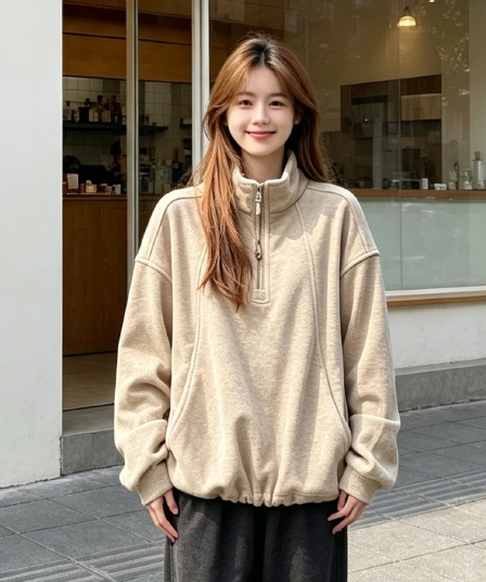 한국 스타일 좋은 품질 하프 지퍼 스탠드 칼라 후드티 여성 가을 겨울철 새로운 털이 있고 두꺼운 루즈핏 느긋한 바람 섹션 맨위