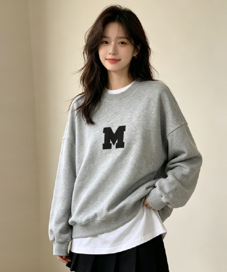 한국 스타일 레트로 회색 루즈핏 알파벳 프레스 레터 라운드 넥 긴팔 후드티 여성 봄 가을 캐주얼 학원 스타일 맨위 트렌디