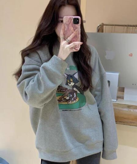 한국 스타일 라운드 넥 후드티 여성 가을 루즈핏 연령 감소 재킷 맨위
