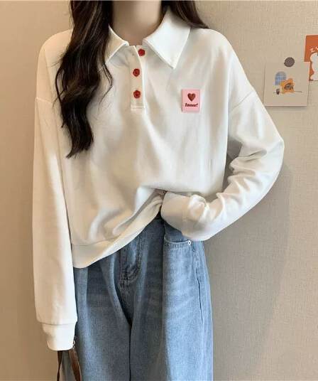 한국 스타일 ins 슈퍼 화재 POLO 칼라 얇은 스타일 후드티 여성 봄 가을 새로운 한국 스타일 루즈핏 다용도 긴팔 쇼트 스타일 맨위