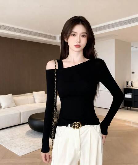 프랑스식 오프숄더 디자인 작은 대중 오프숄더 몸매 가꾸기 슬림해 보이는 긴팔 티셔츠 품격 비스듬한 어깨 의류