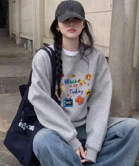 한국 스타일 루즈핏 빅 사이즈 라운드 넥 후드티 여성 가을 다용도 연령 감소 맨위 재킷