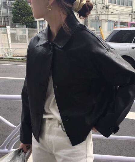 한국 chic 가을 레트로 잘 생긴 폴로 칼라 싱글 줄 버튼 루즈핏 캐주얼 긴팔 오토바이 서비스 가죽 재킷 짧은 여성 코트