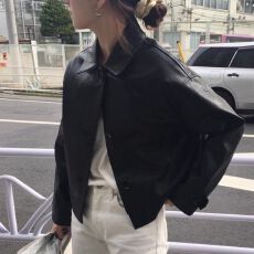 批发韩国chic秋季复古帅气翻领单排扣宽松休闲长袖<b class='q'>机车</b>服<b class='q'>皮衣</b>短外套女