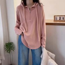 批发连帽半拉链打底衫<b class='q'>女</b>春秋欧货美拉德胖妹妹长袖<b class='q'>T</b><b class='q'>恤</b>上衣