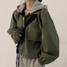批发韩版宽松连帽短款拉链束口袖<b class='q'>皮衣</b> 显瘦气质