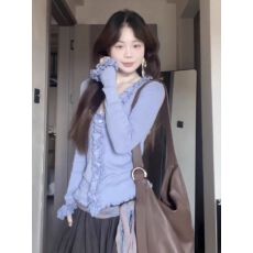 批发森系层叠设计荷叶边修身毛衣开衫女秋季新款气质显瘦阔腿裤两件套