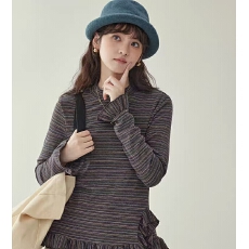 批发设计感侧开叉花边<b class='q'>t</b><b class='q'>恤</b>女25冬季新款长袖条纹上衣