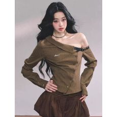 批发美式不规则长袖斜肩<b class='q'>条纹</b><b class='q'>衬衫</b>女时尚气质修身显瘦上衣