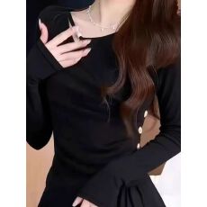 批发不规则修身正肩纽扣长袖<b class='q'>t</b><b class='q'>恤</b>女秋冬季短款褶皱设计感显瘦打底上衣