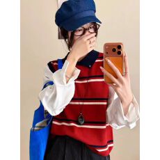 批发<b class='q'>条纹</b>针织衫拼接长袖假两件polo领上衣2025遮肉时尚百搭宽松<b class='q'>打底衫</b>