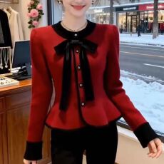 批发2025秋冬新款黑色丝绒<b class='q'>蝴蝶结</b>拼接收腰修身显瘦圆领气质名媛<b class='q'>衬衫</b>女