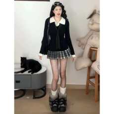 批发韩系复古拼接假两件针织衫上衣<b class='q'>女</b>秋冬格纹<b class='q'>半身裙</b>两件套