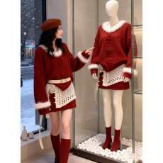 批发圣诞节穿搭红色套装<b class='q'>女</b>冬季温柔风毛绒针织开衫半身短裙屁帘三件套
