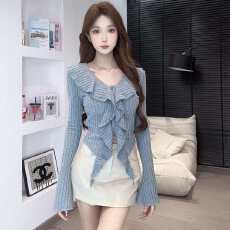 批发性感辣妹V领设计感喇叭袖打底衫秋<b class='q'>冬</b>新款不规则荷叶边打底上衣