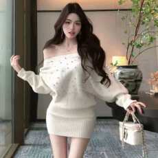 批发御姐范烫钻针织<b class='q'>连衣裙</b>女秋冬纯欲性感一字肩包臀裙<b class='q'>蝙蝠</b>袖毛衣裙潮