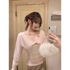 批发蝴蝶结蕾丝v领打底衣针织衫女<b class='q'>秋</b>冬季皮草收腰可外穿毛衣修身上衣