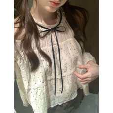 批发法式2026春季新款蕾丝<b class='q'>衬衫</b>女长袖宽松<b class='q'>波点</b>露肩系带上衣短款甜美风