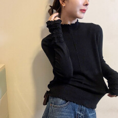 批发格子<b class='q'>家</b> 木耳边半高领羊毛针织衫女欧洲站新款欧货女装打底小衫潮